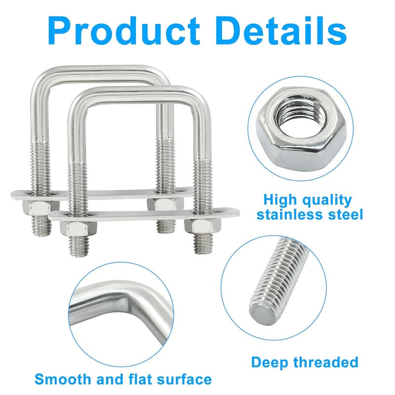 Rierdge 2 Stainless Steel Square U-Bolts, Inner Width 1.6"(40mm), Length 2.5"(65mm), M8 304 Stainless Steel with Frame Plates and Nuts for Light Industry, Metallurgy, Construction, Shipping - Image 2